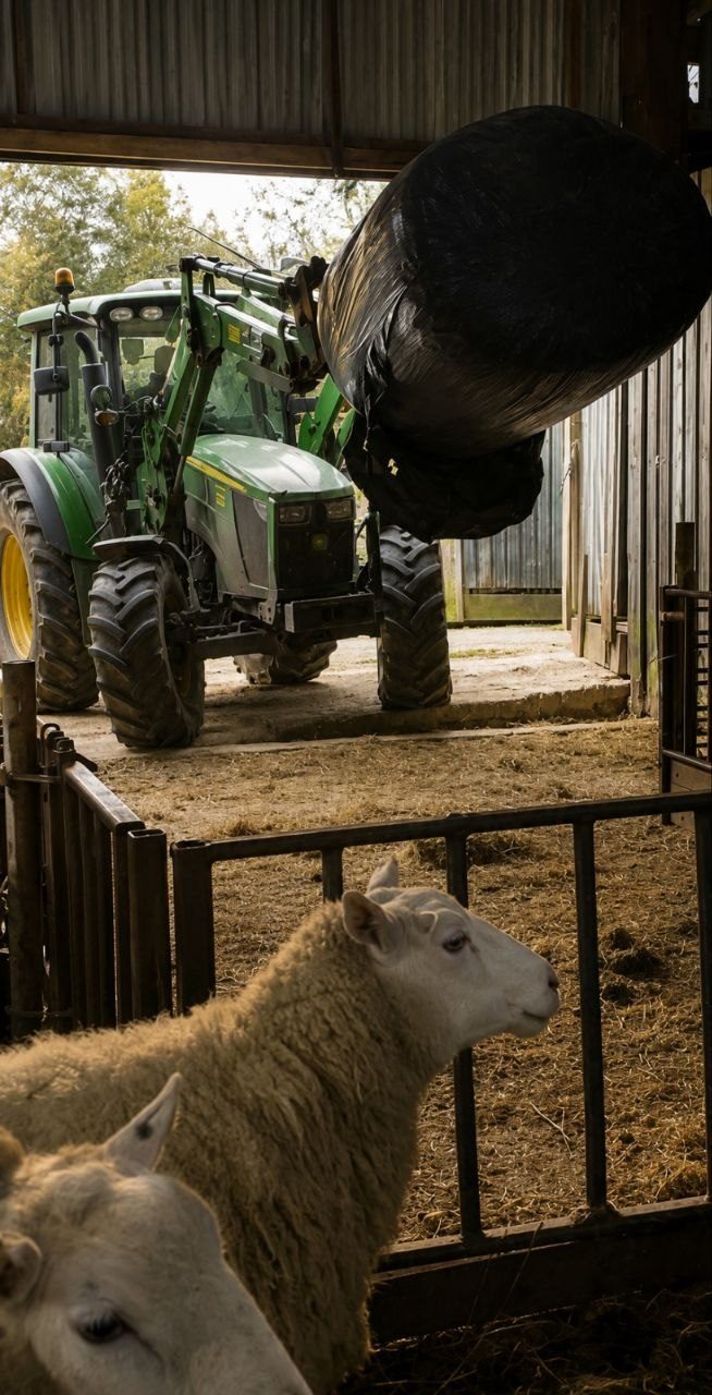 John Deere tractor with front bucket on a hillside